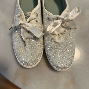 Kate Spade x keds Glittery Silver Flats with Satin Laces 8.5